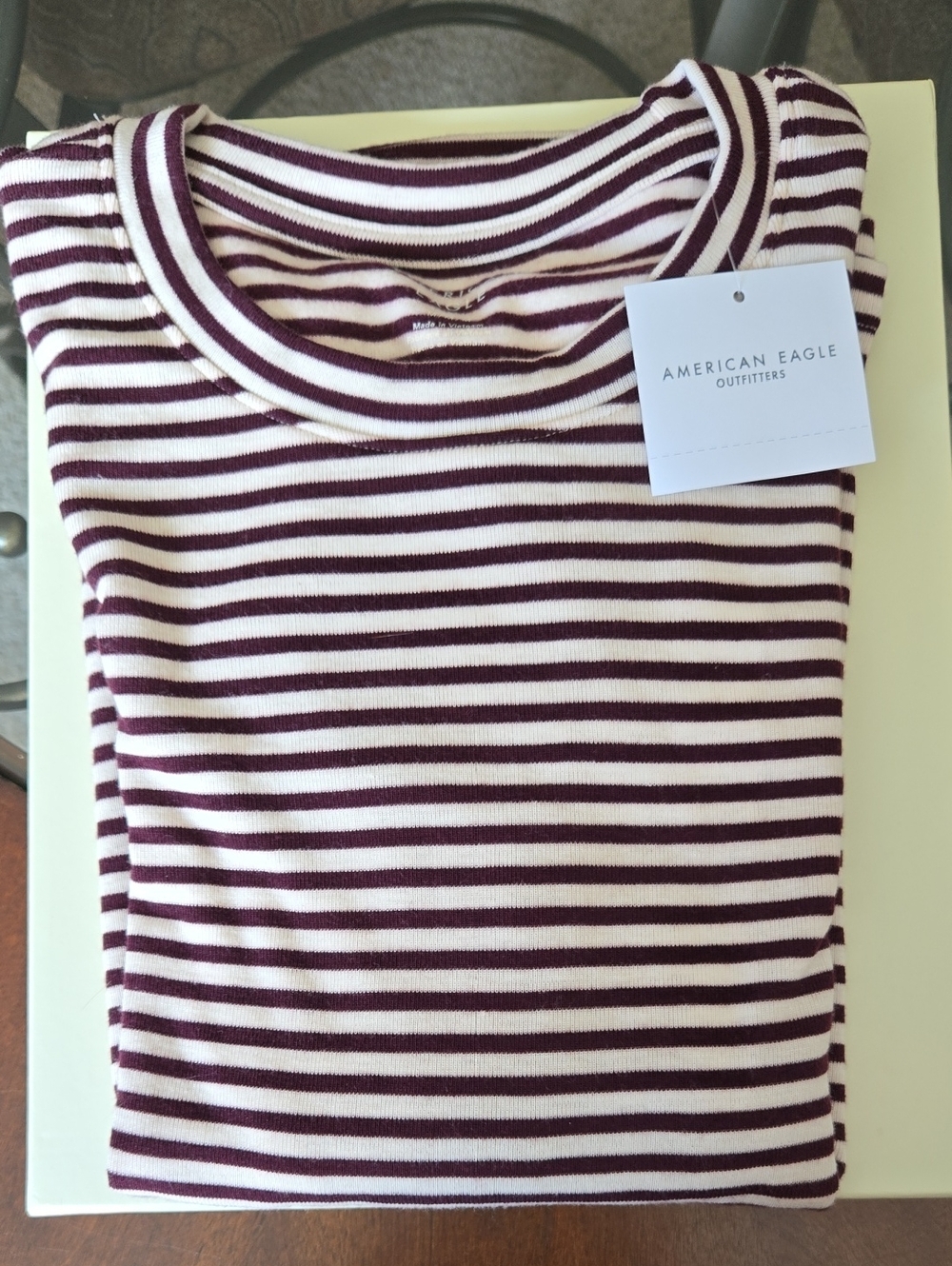 American Eagle Outfitters Maroon & White Striped Crewneck Tee